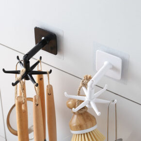 Plastic Self-Adhesive Hooks 360 ° Rotatable Folding Wall Hangers Racks with 6 Hooks for Kitchen, Bathroom, Office