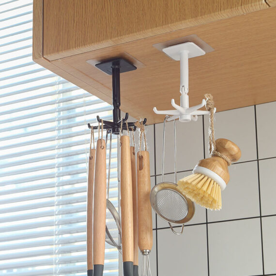 Plastic Self-Adhesive Hooks 360 ° Rotatable Folding Wall Hangers Racks with 6 Hooks for Kitchen, Bathroom, Office